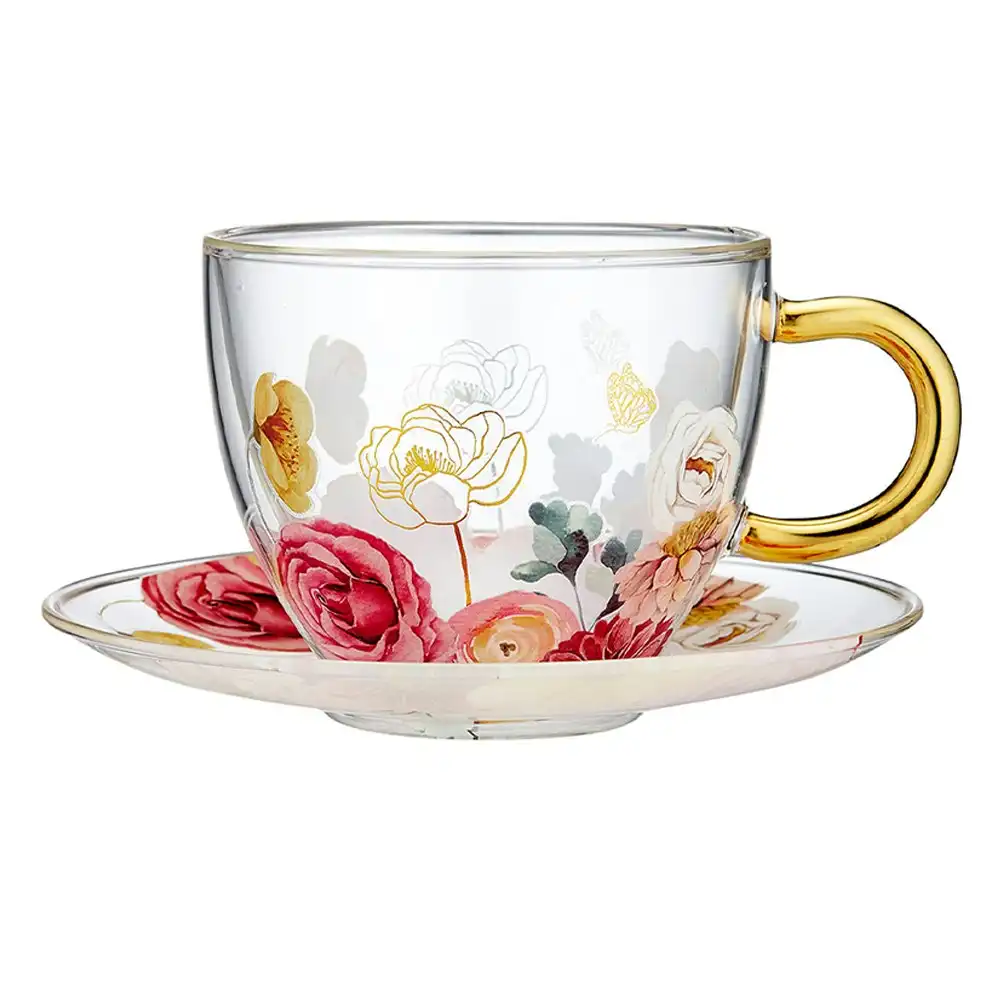 Ashdene 300ml Springtime Soiree Double Walled Flowers Clear Glass Tea Cup/Saucer