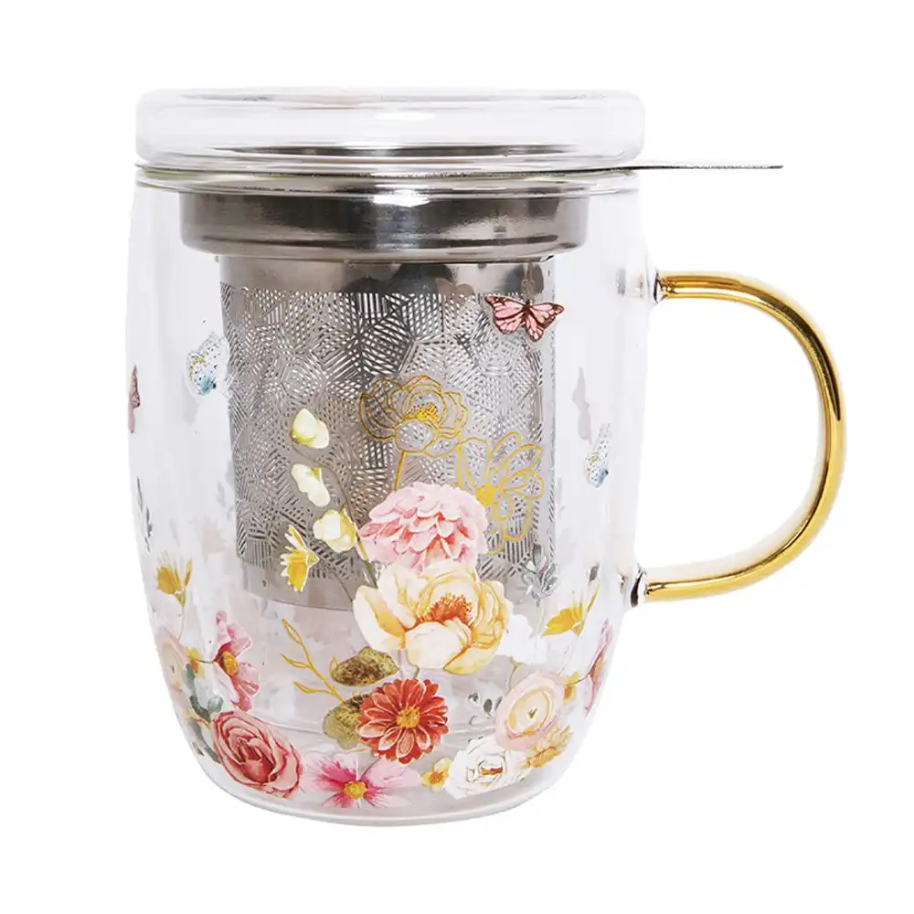 Ashdene 380ml Springtime Soiree Double Walled Glass Tea Cup/Lid w/Steel Infuser