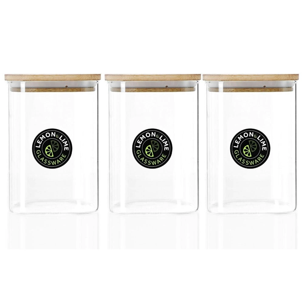 3x Lemon & Lime Camden 1.1L Glass Jar Square Storage Container w/ Bamboo Lid CLR