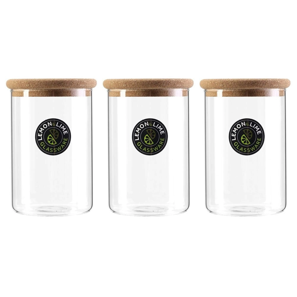 3x Lemon & Lime Stockholm Glass Canister 1L Cork Lid Kitchen Storage Container