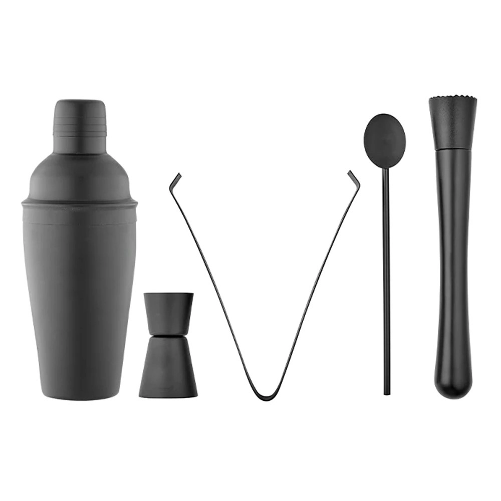 5pc Tempa Aurora Matte Black Cocktail Set w/ Jigger/Shaker/Muddler/Tongs/Spoon