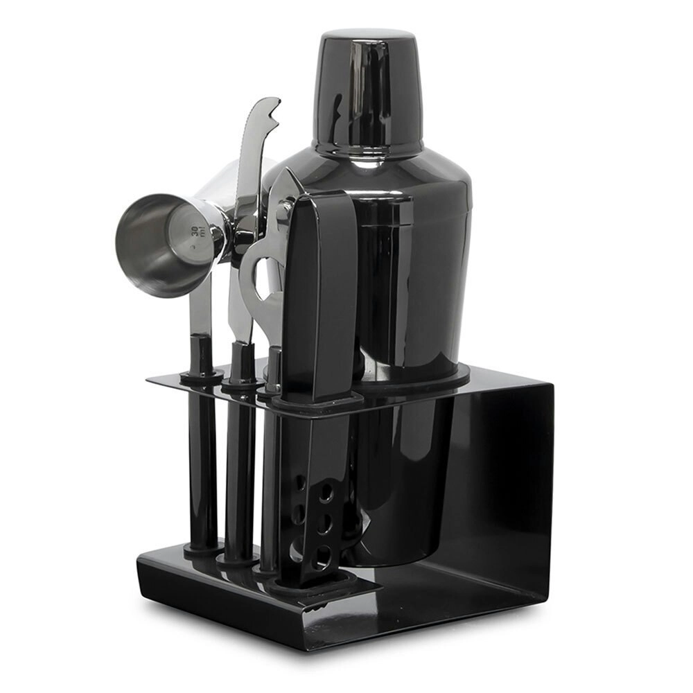 6pc Salt & Pepper Kennedy Metallic Cocktail Set Mixer Kit Stainless Steel Black