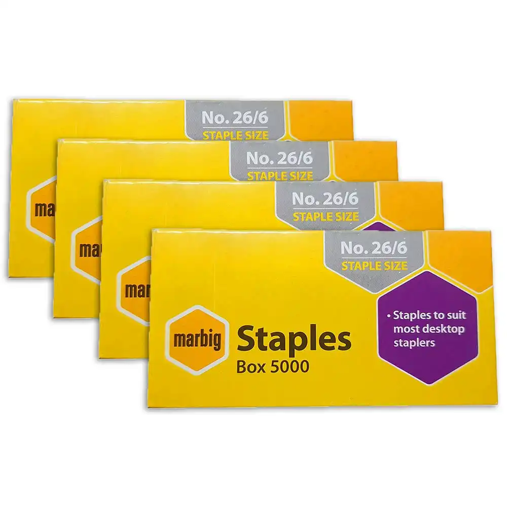 4PK Marbig Staples 26/6 Box 5000 for Staplers/Papers Office/Home Use/Essentials