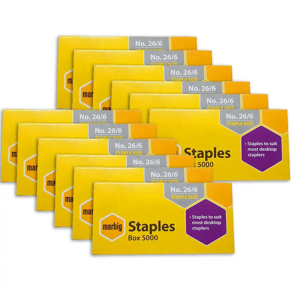 12PK Marbig Staples 26/6 Box 5000 for Staplers/Papers Office/Home Use/Essentials