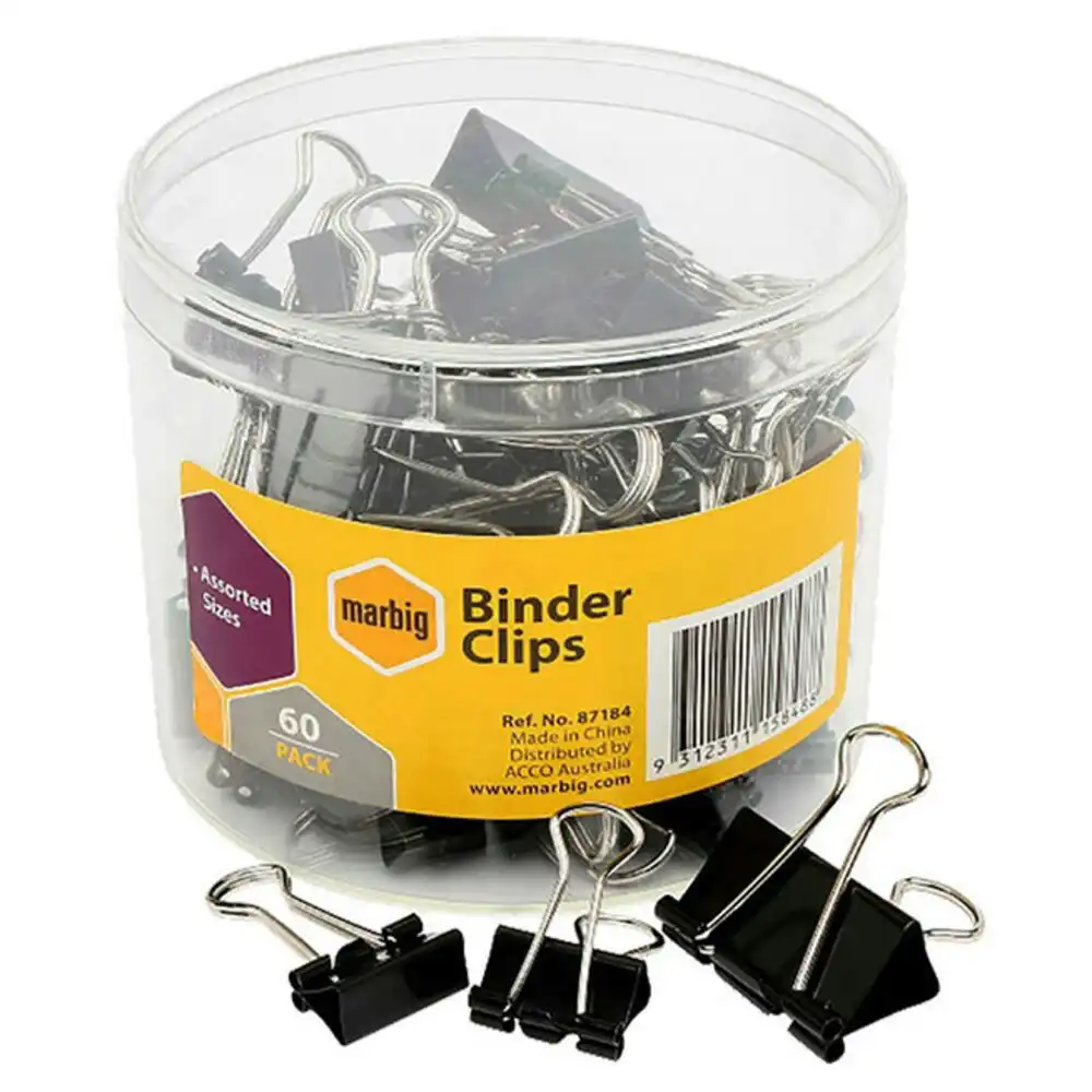 60PC Marbig Paper Fold Back/Binder Clips Assort. Sizes Office/Home Use/Essential