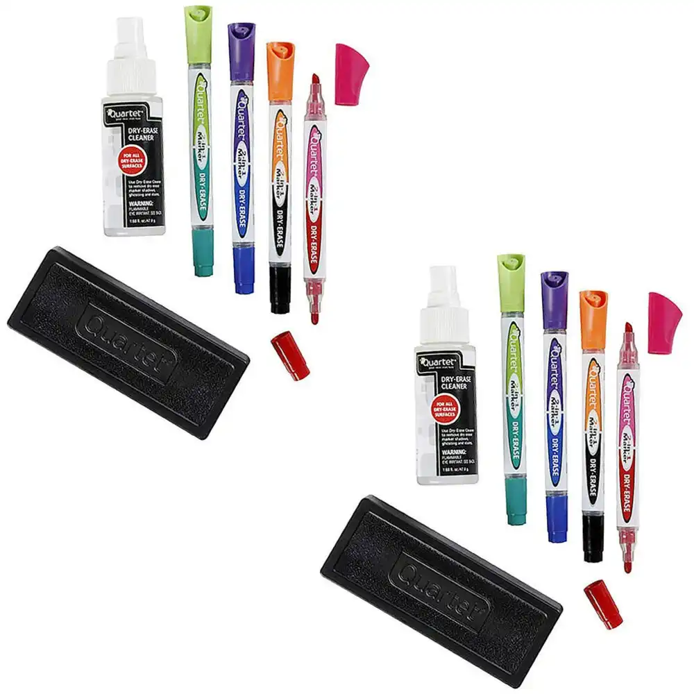 2PK Quartet Eraser/ Liquid Cleaner & 4x 2in1 Markers Accessory Kit f/ Whiteboard