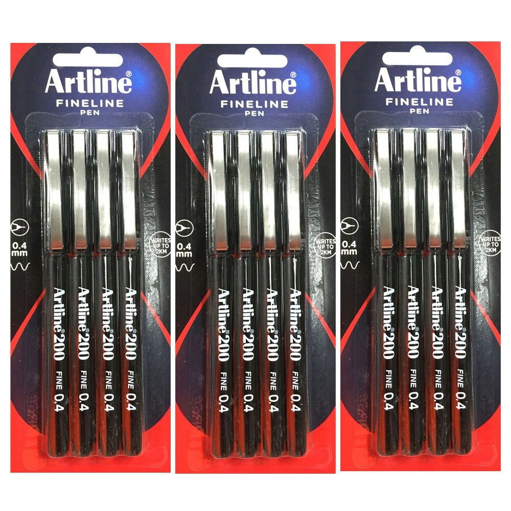 12pc Artline 220 Fine 0.4mm Line Work/School Fineline Drawing Writing Pen Black