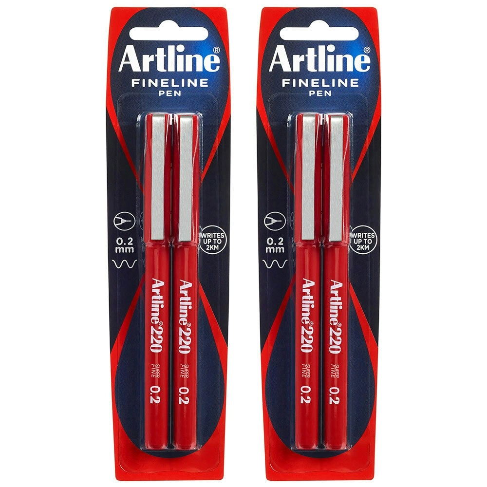 4pc Artline Fineline 220 Super Fine 0.2mm Line School Drawing Writing Pen Red