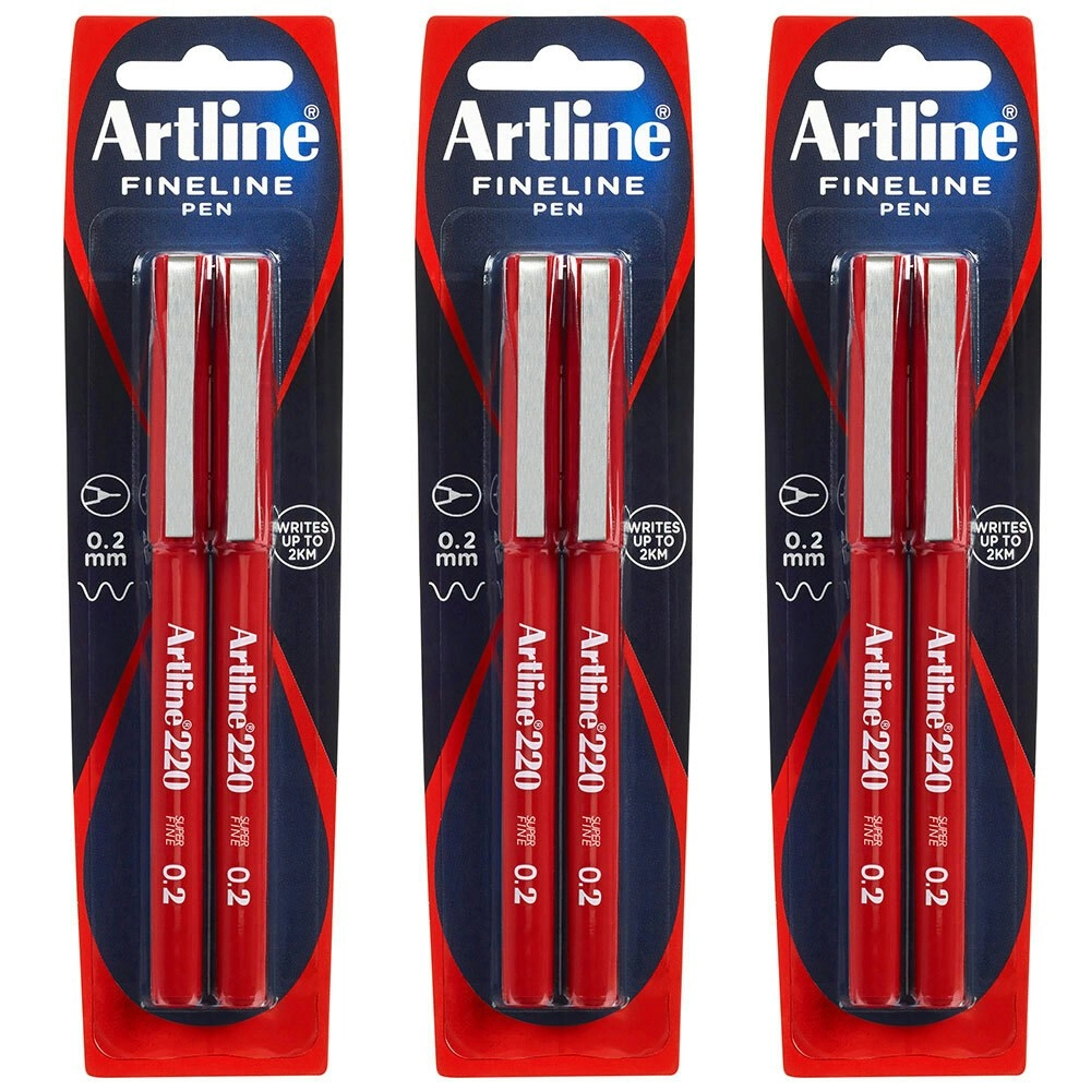 6pc Artline Fineline 220 Super Fine 0.2mm Line Width Work/School Writing Pen Red