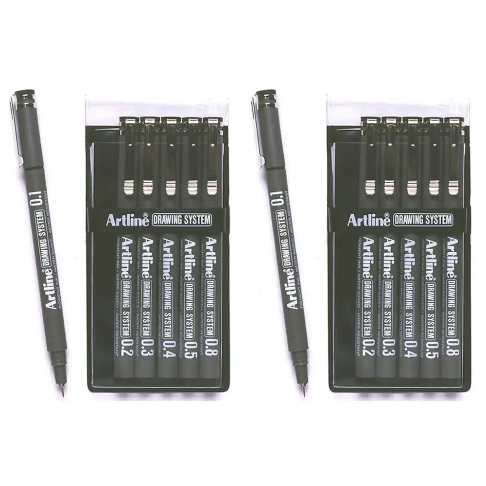 12pc Artline Drawing System 6 Nib Sizes 0.1/0.2/0.3/0.4/0.5/0.8 Pen Set Black
