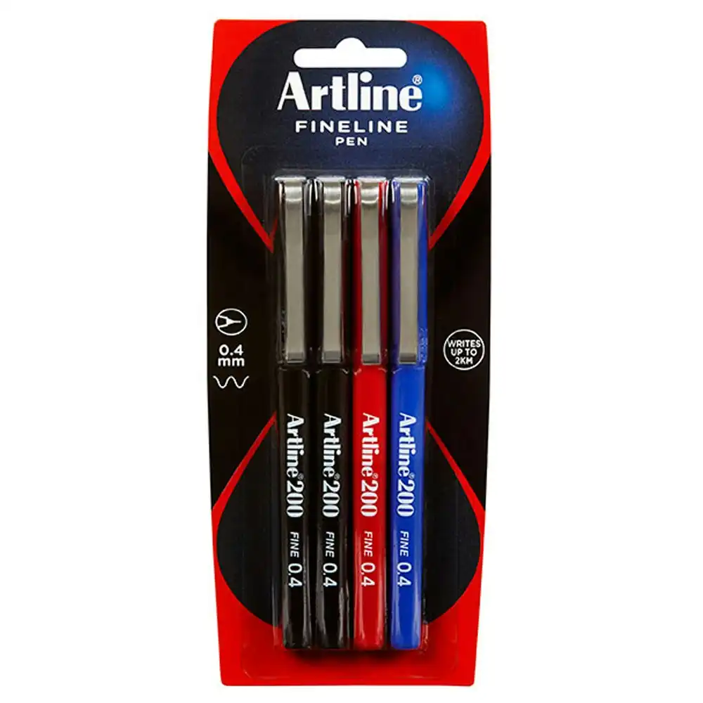 4pc Artline Fineline 200 Fine 0.4mm Width School Drawing Assorted Writing Pen