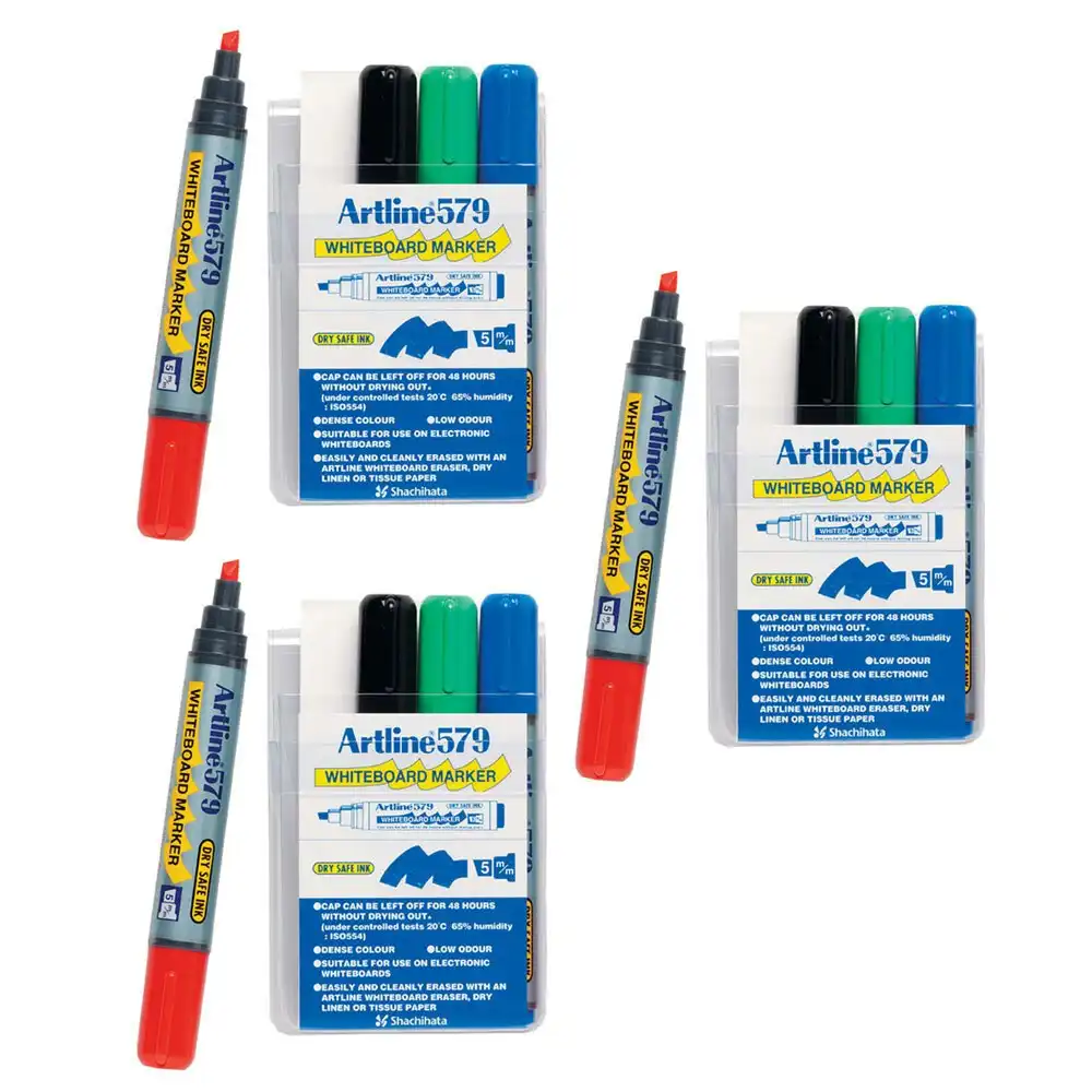 12pc Artline 579 5mm Chisel Nib Office Whiteboard Markers Assorted Colour Wallet