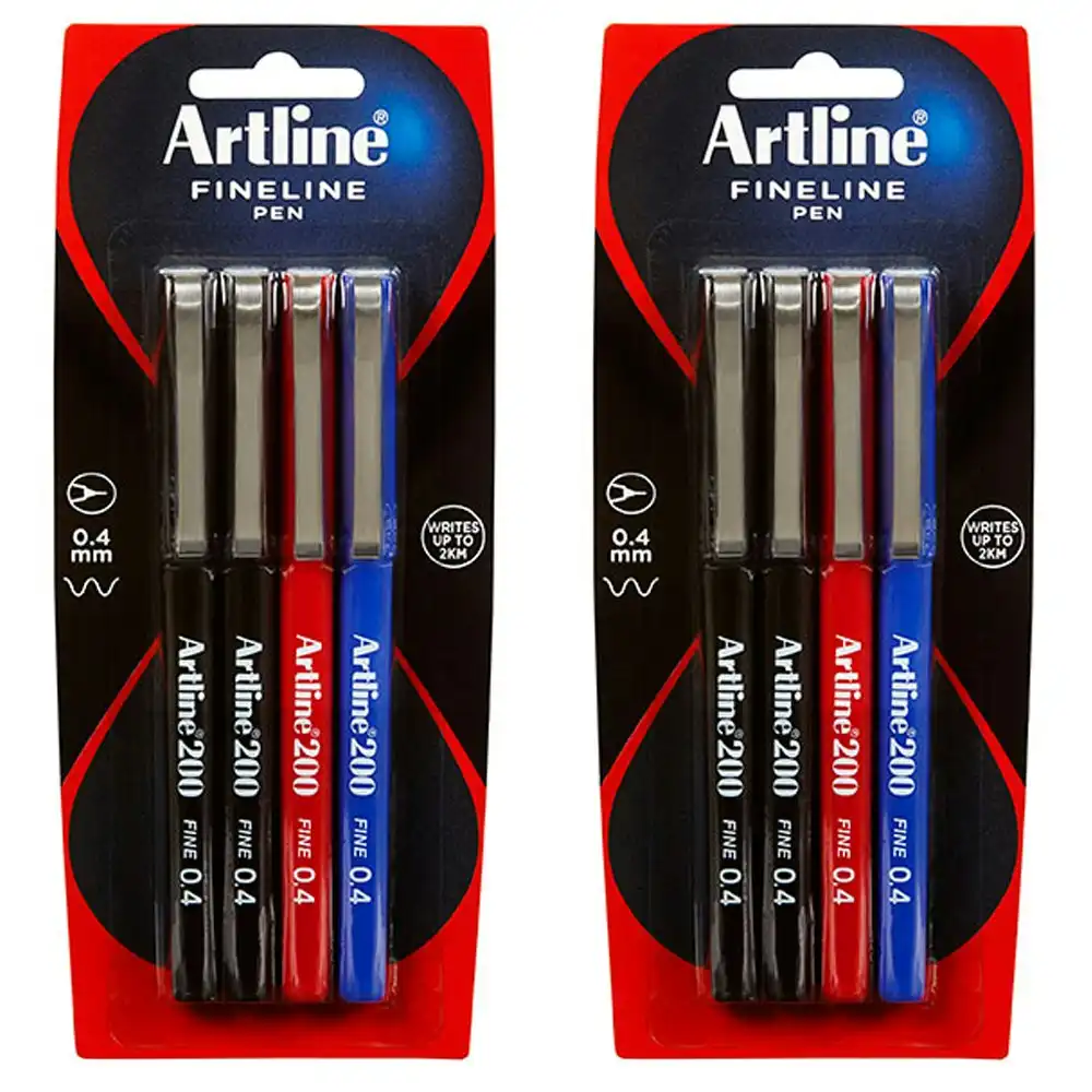 2x 4pc Artline Fineline 200 Fine 0.4mm Width School Drawing Assorted Writing Pen