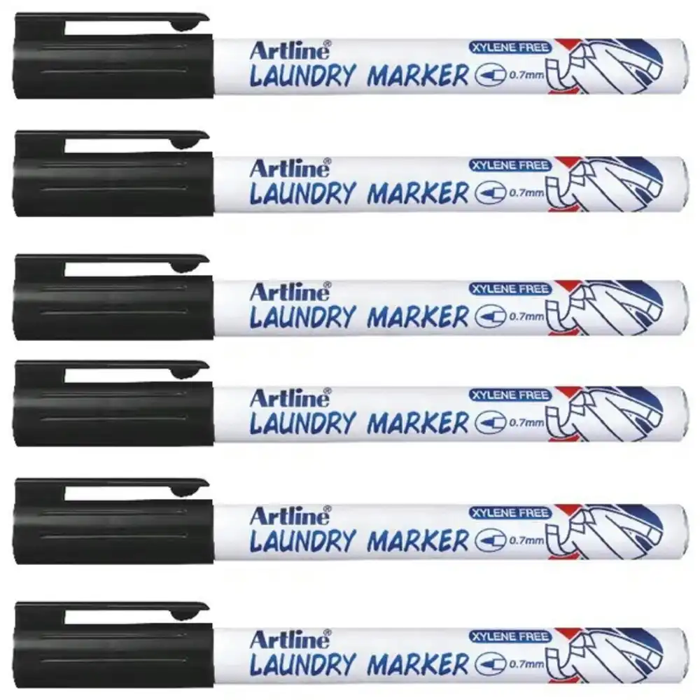 6pc Artline 750 Laundry/Linen/Clothing/Fabric Bullet Nib 0.7mm Line Marker Black