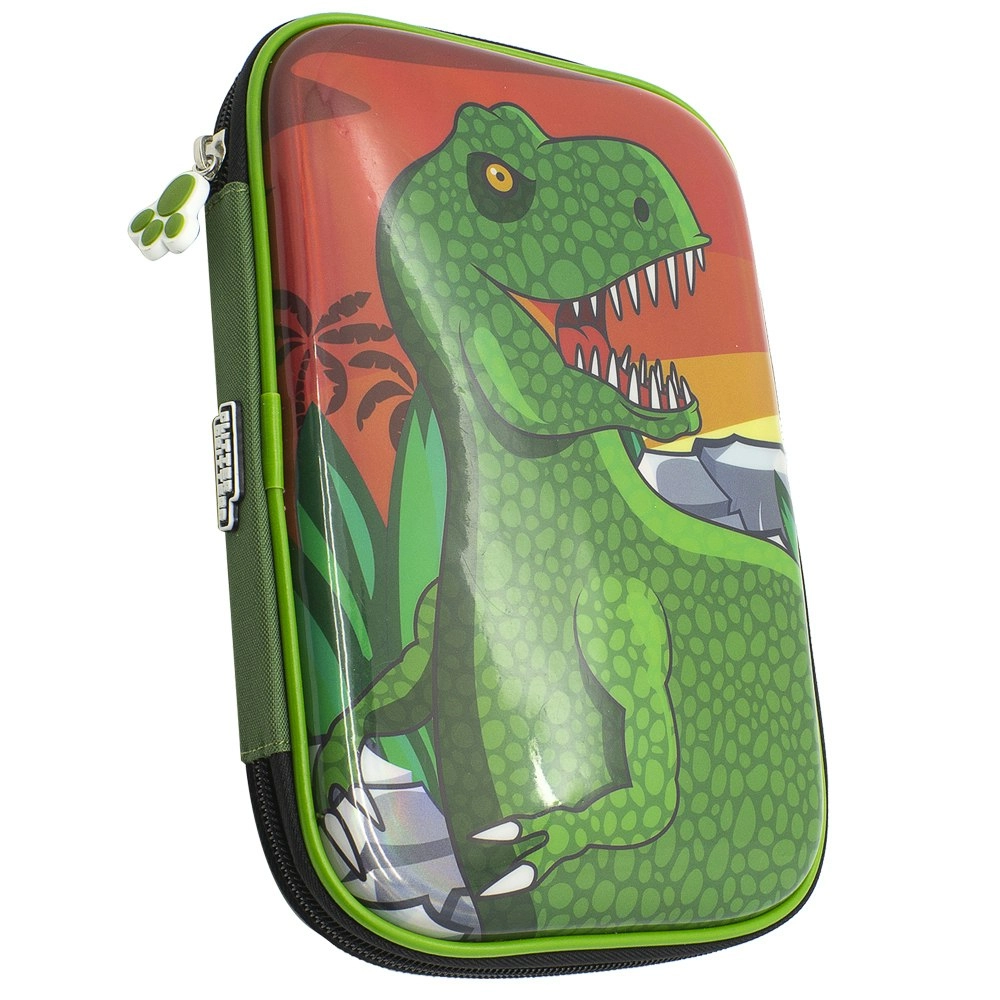 Glitter Critters Carry Me 24 Slots Kids Pencil Case w/Mesh Compartment GRN T-REX