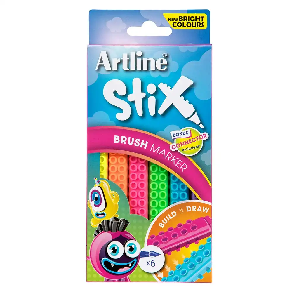 6PK Artline Stix Neon Brush Markers Washable Kids Colouring Pens w/Connectors