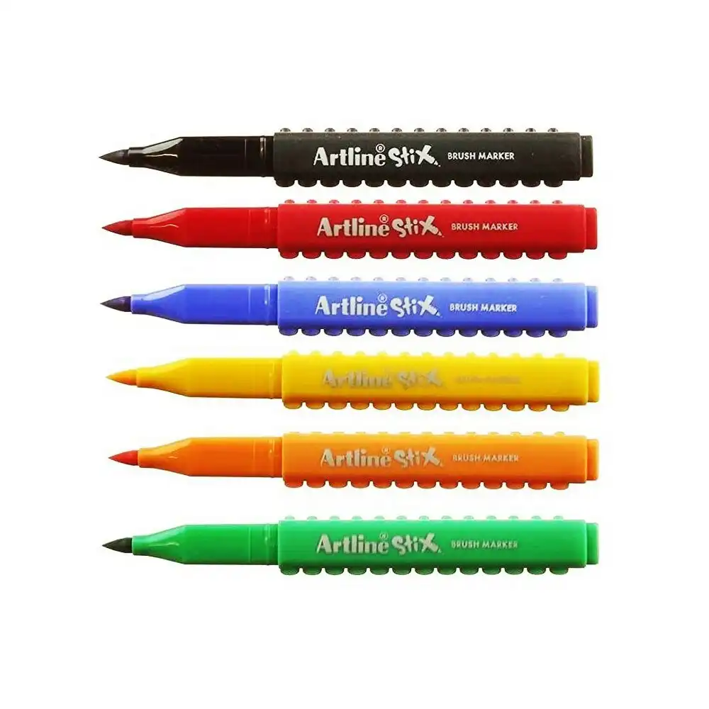 6PK Artline Stix Brush Markers Washable Kids Drawing Colouring Pens w/Connectors