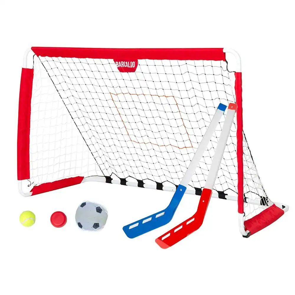 Barcaloo Hybrid Portable Kids Toy Soccer Goal Set w/Hockey Sticks/Balls 3y+