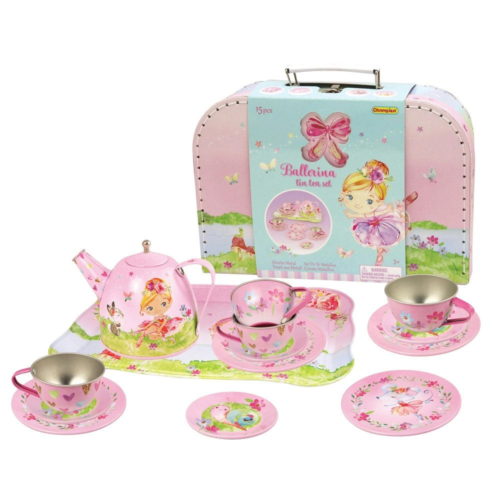 15pc Champion Pretend Play Ballerina Tin Tea Pot Tray Plate Suitcase Set Kids 3+