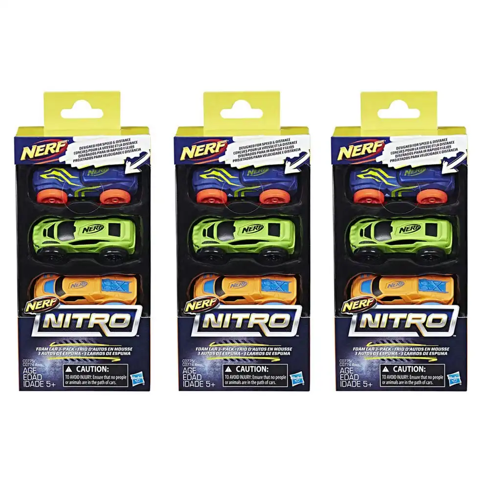 3x 3pc Nerf Nitro Foam Car Vehicle Kids/Children 5y+ Play Toys Assorted Colour