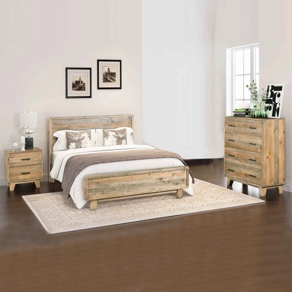 4 Pieces Bedroom Suite Double Size in Solid Wood Antique Design Light Brown Bed, Bedside Table & Tallboy