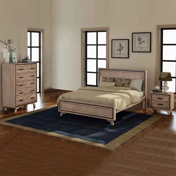 4 Pieces Bedroom Suite Queen Size Silver Brush in Acacia Wood Construction Bed, Bedside Table & Tallboy