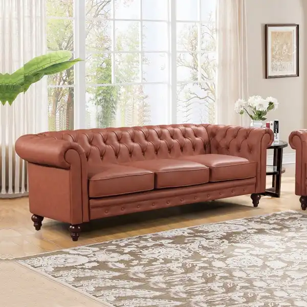 3 Seater Brown Sofa Lounge Chesterfireld Style Button Tufted in Faux Leather