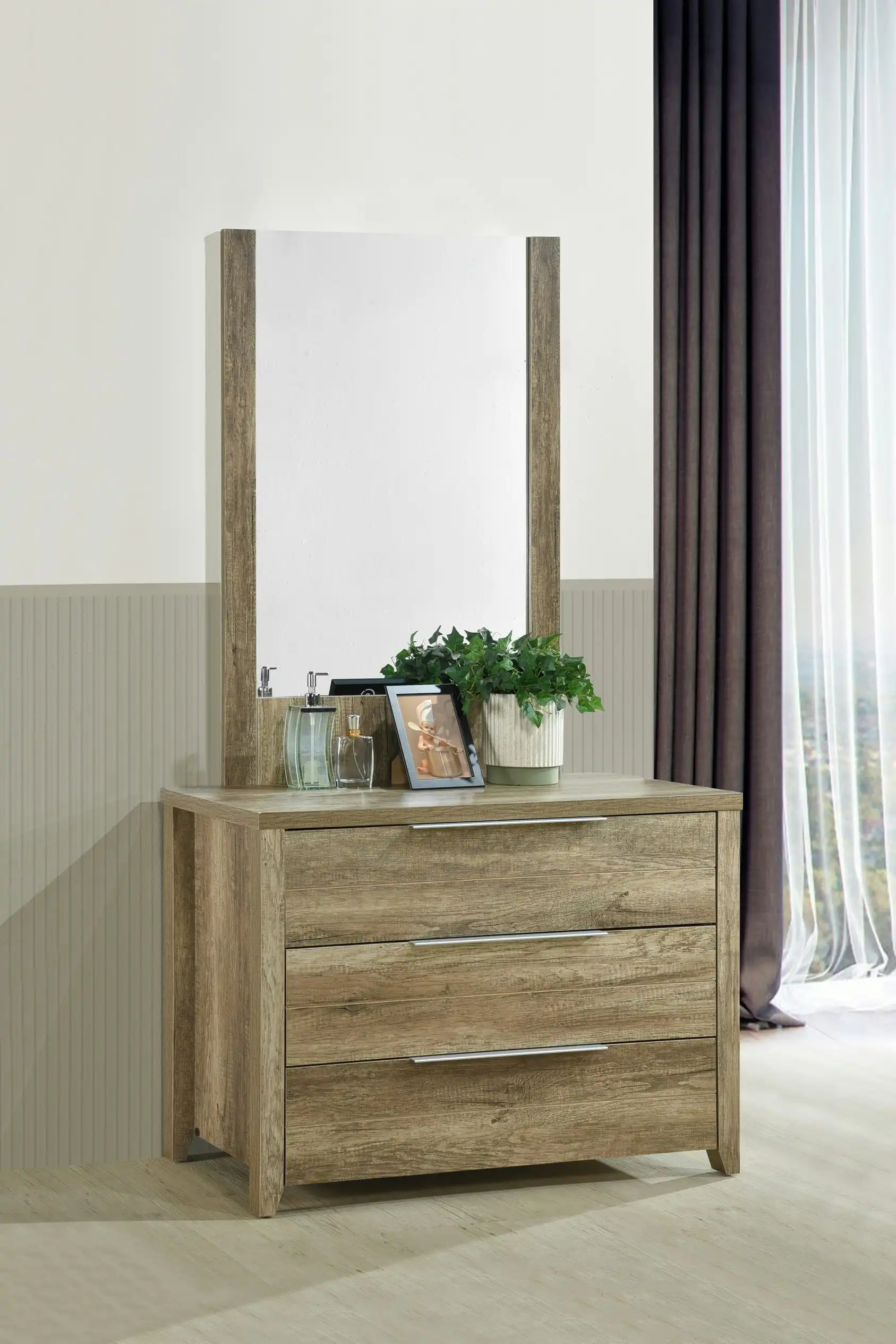 Dresser with 3 Storage Drawers in Natural Wood like MDF in Oak Colour with Mirror