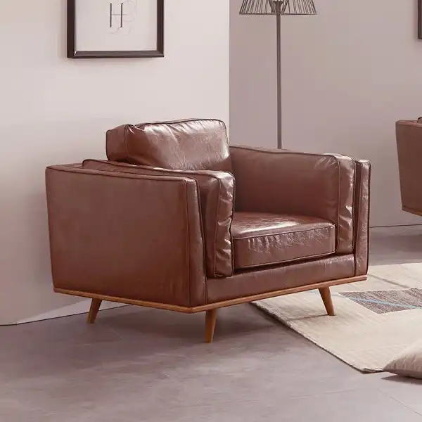 Single Seater Armchair Faux Leather Sofa Modern Lounge Accent Chair in Brown with Wooden Frame