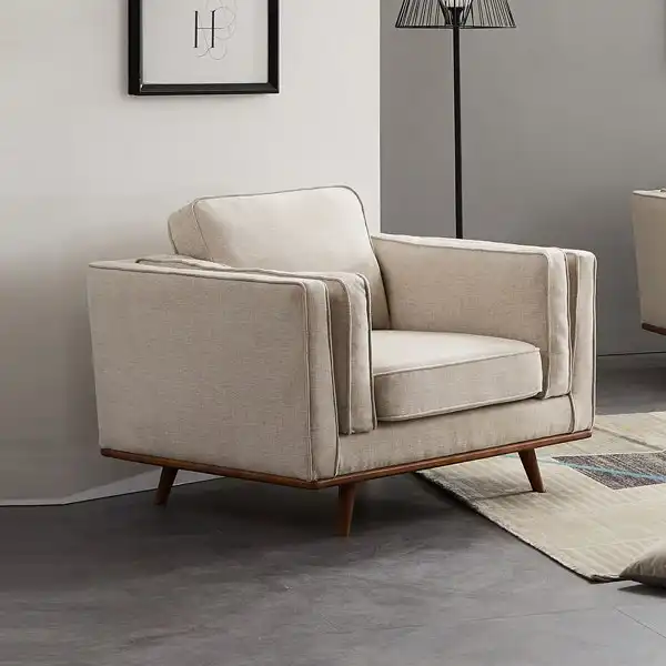 Single Seater Armchair Sofa Modern Lounge Accent Chair in Beige Fabric with Wooden Frame