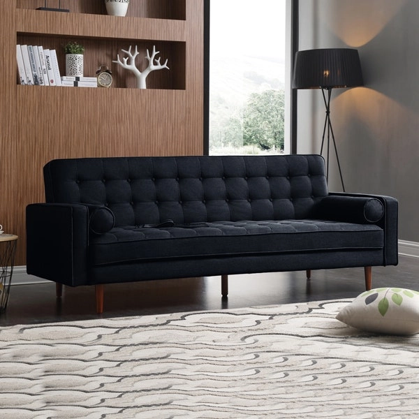 Sofa Bed 3 Seater Button Tufted Lounge Set for Living Room Couch in Velvet Black Colour