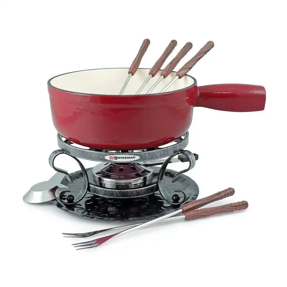 Swissmar Lugano 9 Piece Cast Iron Fondue Set   Cherry Red