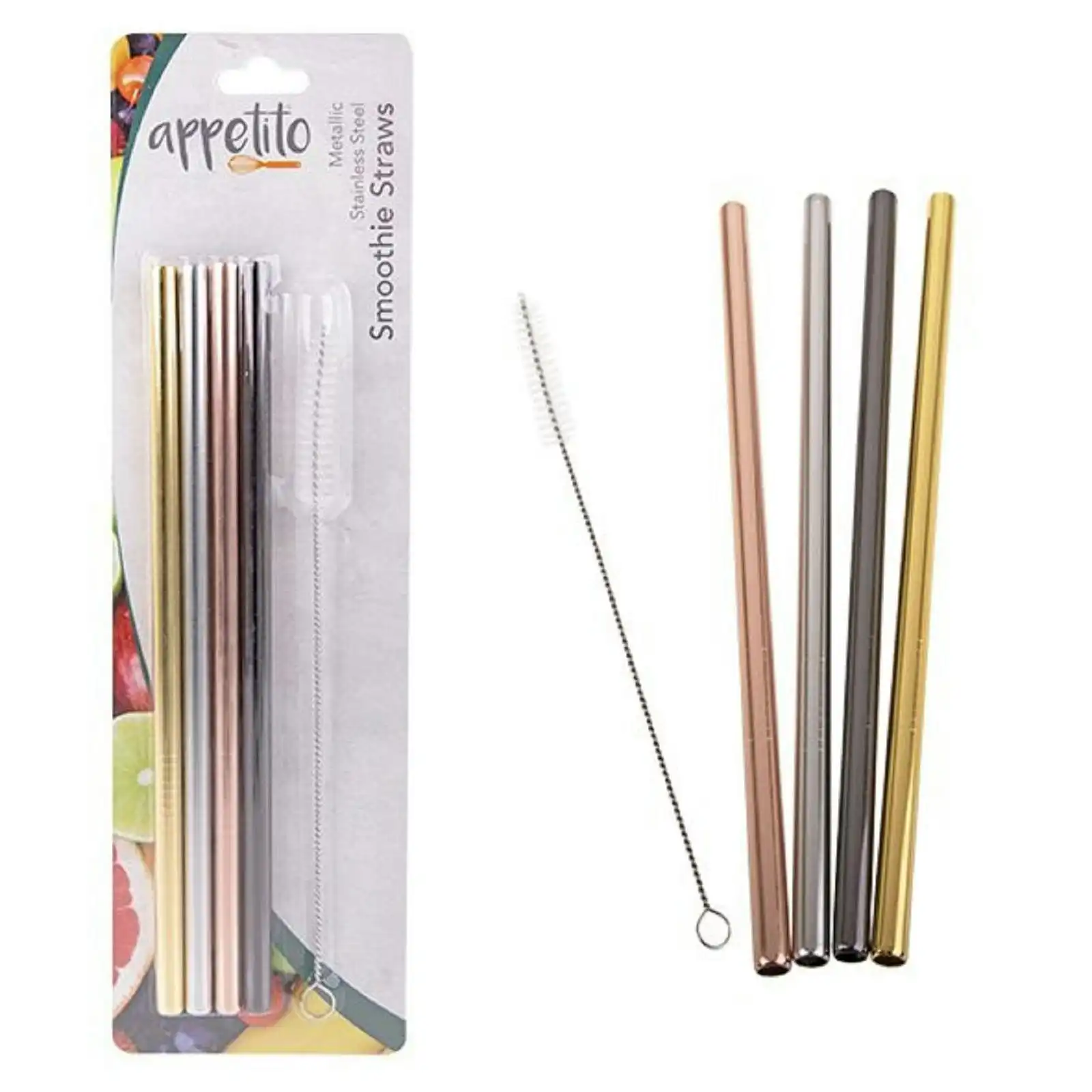 Appetito Set 4 Straight Metallic Stainless Steel Straws + Cleaning Brush