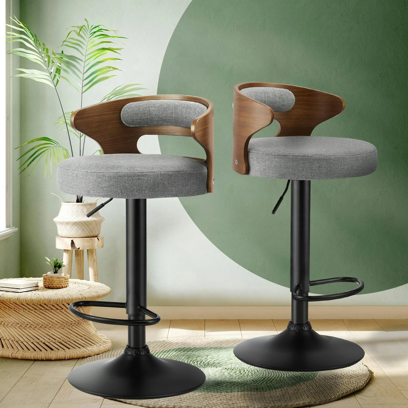 Oikiture Bar Stools Kitchen Gas Lift Swivel Chairs Stool Wooden Barstool Grey x2