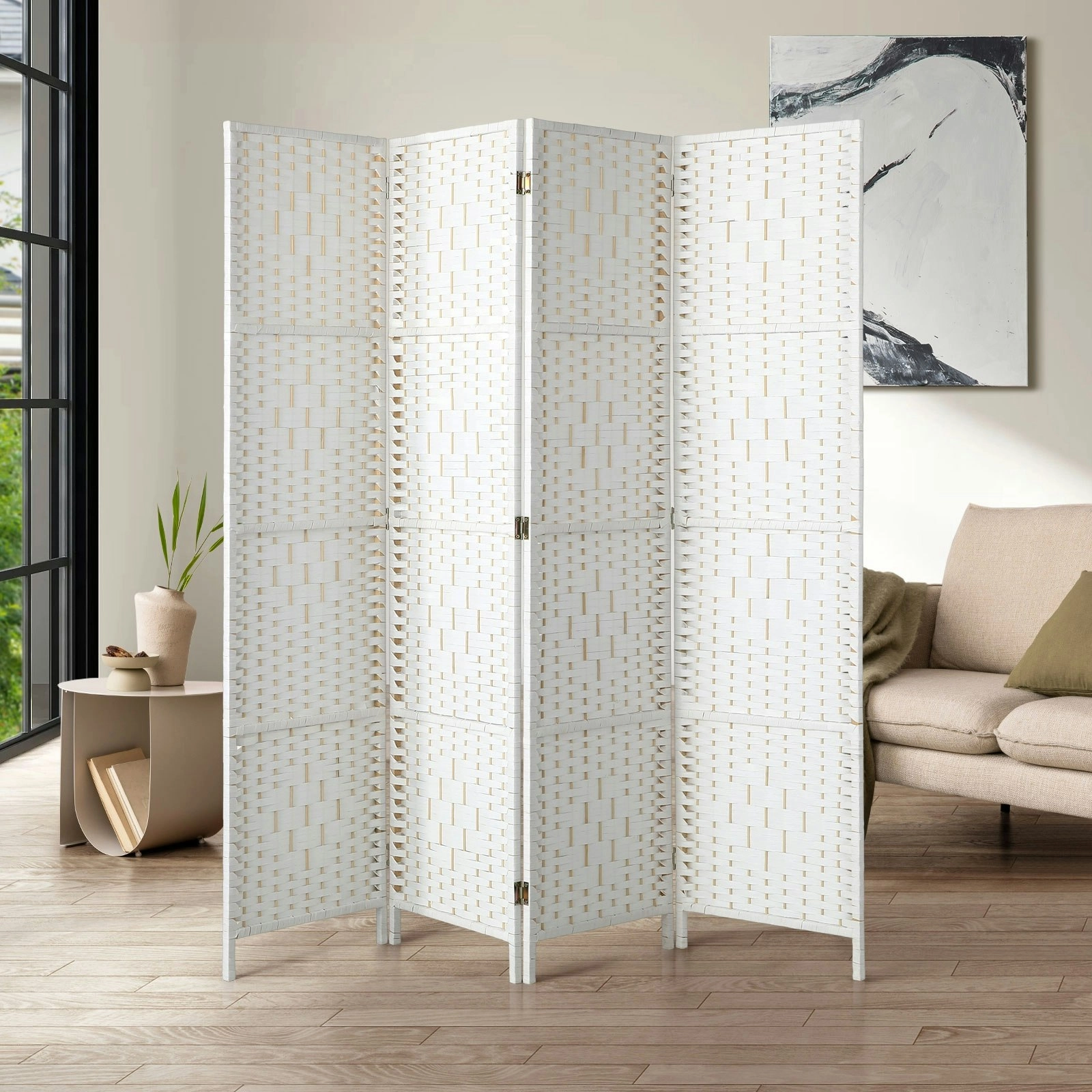 Oikiture 4 Panel Room Divider Screen Privacy Dividers Woven Wood Folding White