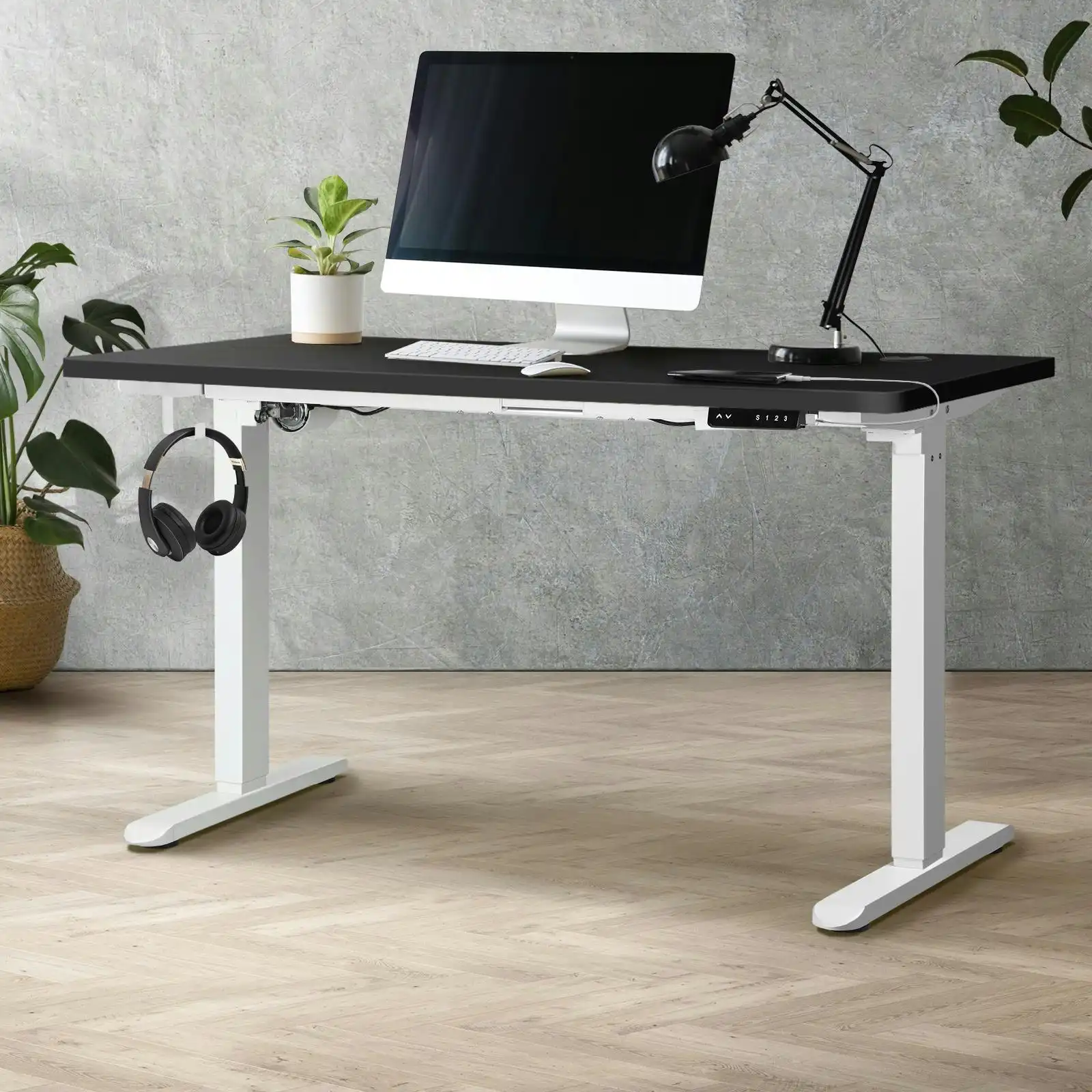 Oikiture 140cm Electric Standing Desk Single Motor Black Desktop With USB&Type C Port