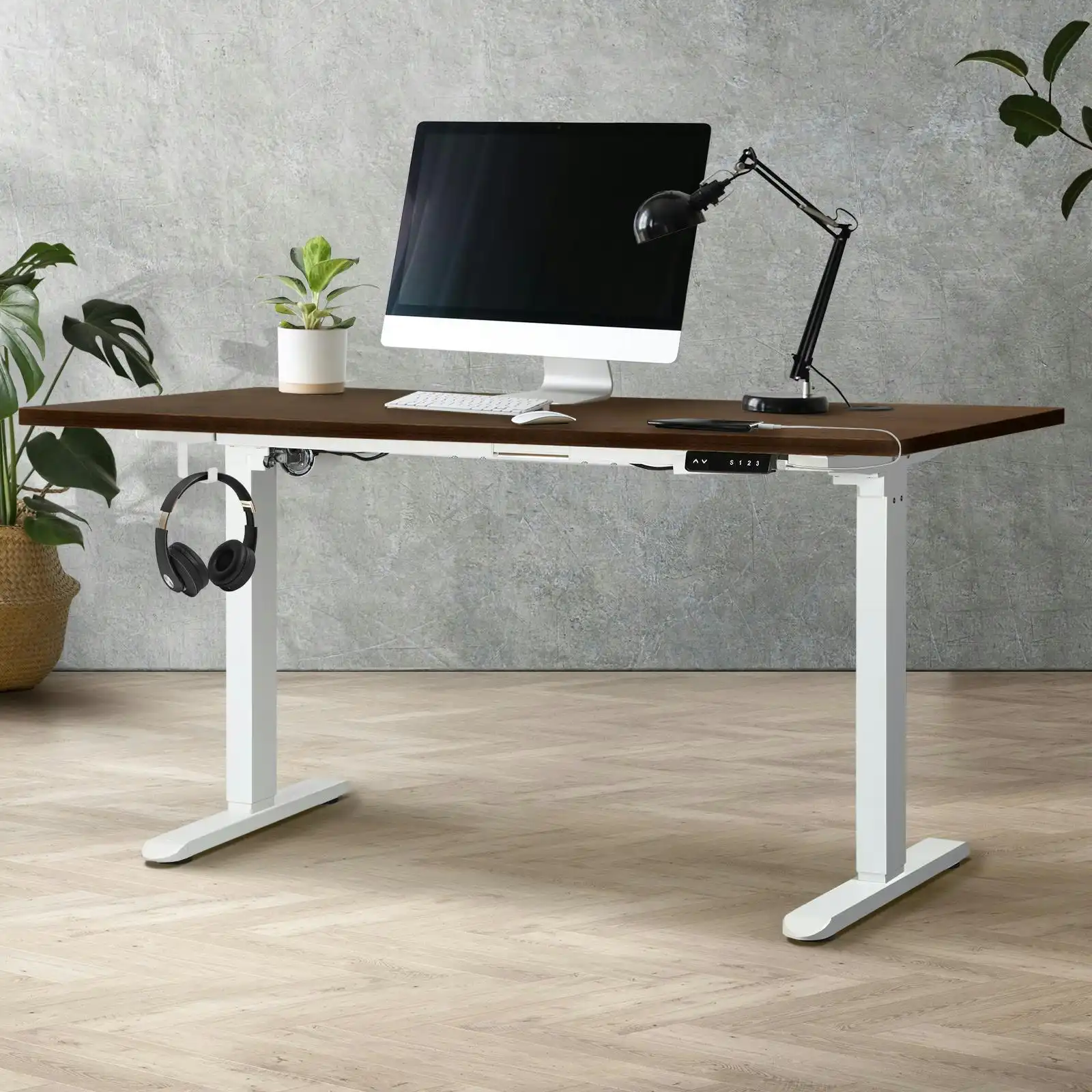 Oikiture 140cm Electric Standing Desk Single Motor White Frame Walnut Desktop With USB&Type C Port