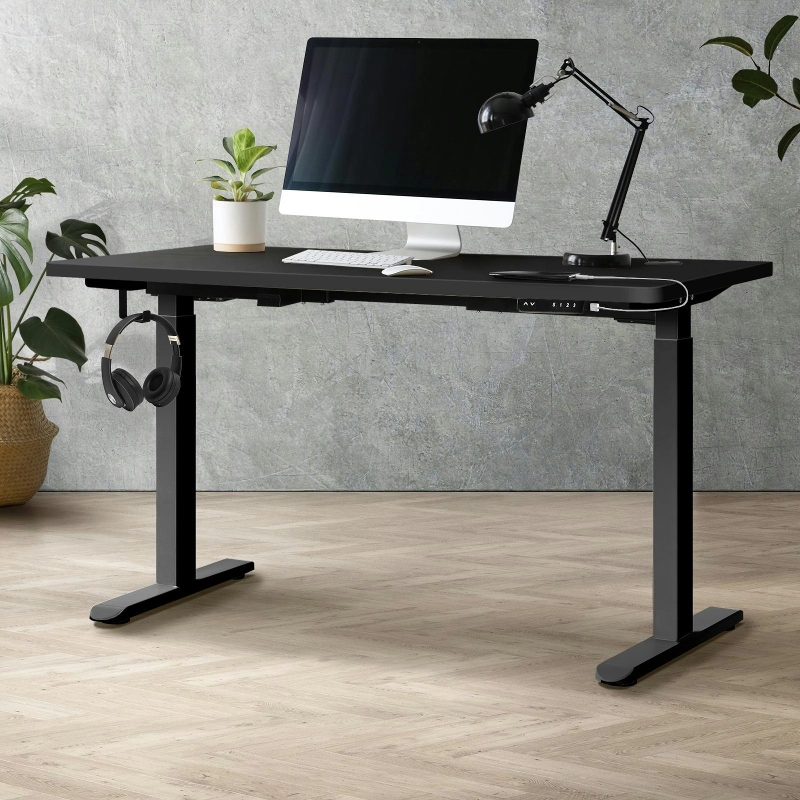 Oikiture 140cm Electric Standing Desk Dual Motor Black With USB&Type C Port