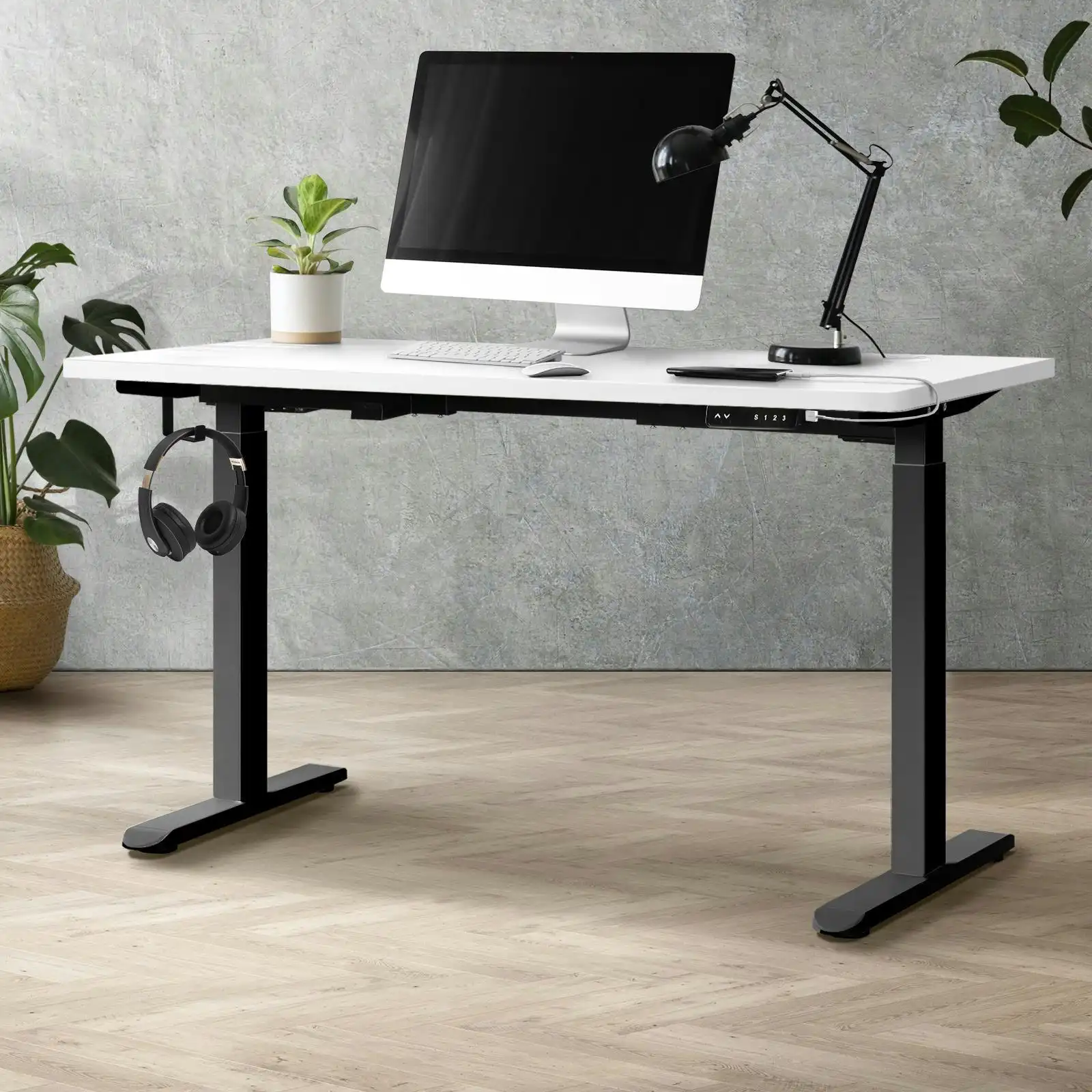 Oikiture 140cm Electric Standing Desk Dual Motor Black Frame White Desktop With USB&Type C Port