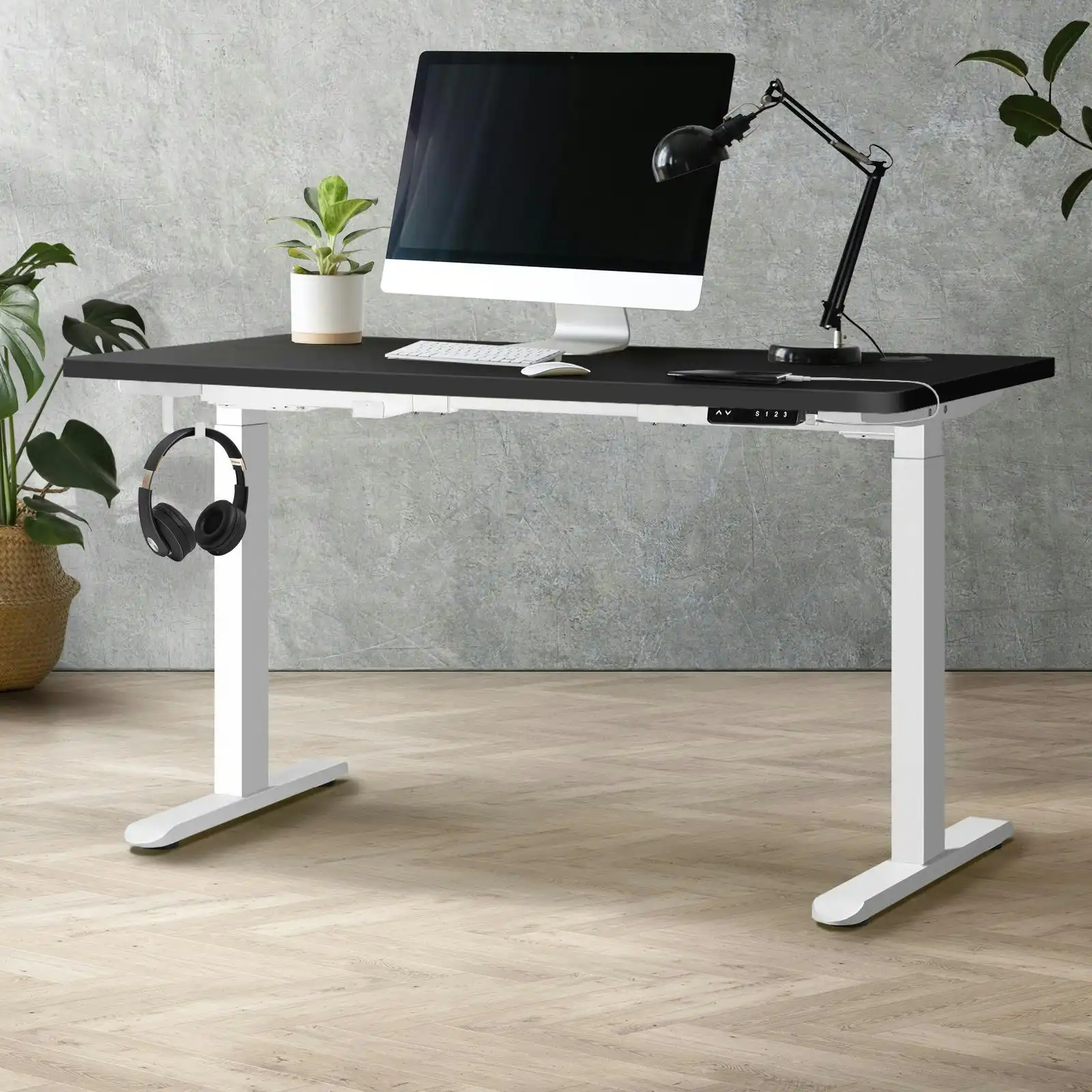 Oikiture 140cm Electric Standing Desk Dual Motor White Frame Black Desktop With USB&Type C Port