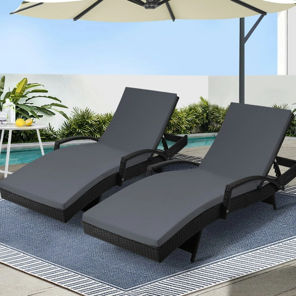 Gardeon 2PC Sun Lounge Wicker Lounger Outdoor Furniture Beach Chair Patio Adjustable Cushion Black