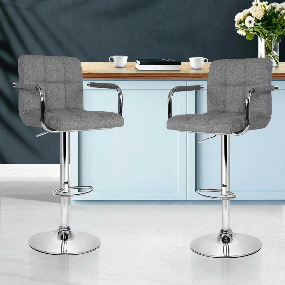 Artiss 2x Bar Stools Fabric Gas Lift w/Armrest Grey