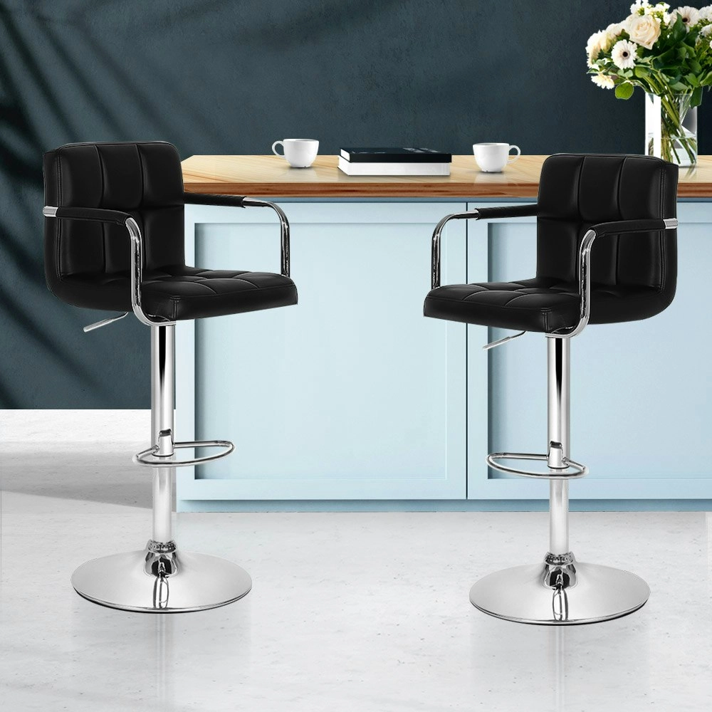 Artiss 2x Bar Stools Leather Gas Lift w/Armrest Black