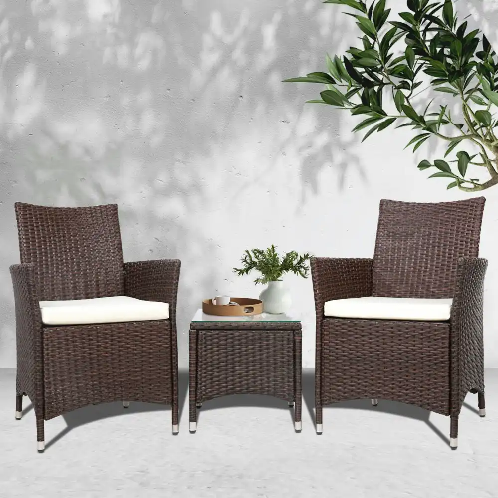 Gardeon 3PC Outdoor Bistro Set Patio Furniture Wicker Setting Chairs Table Cushion Brown