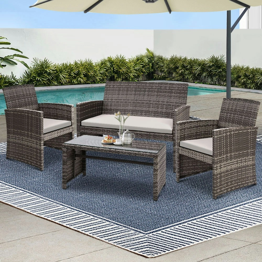 Gardeon 4 PCS Outdoor Sofa Set Rattan Chair Table Setting Garden Furniture Grey