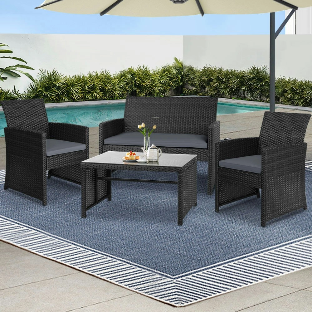 Gardeon 4 PCS Outdoor Sofa Set Rattan Chair Table Setting Garden Furniture Black