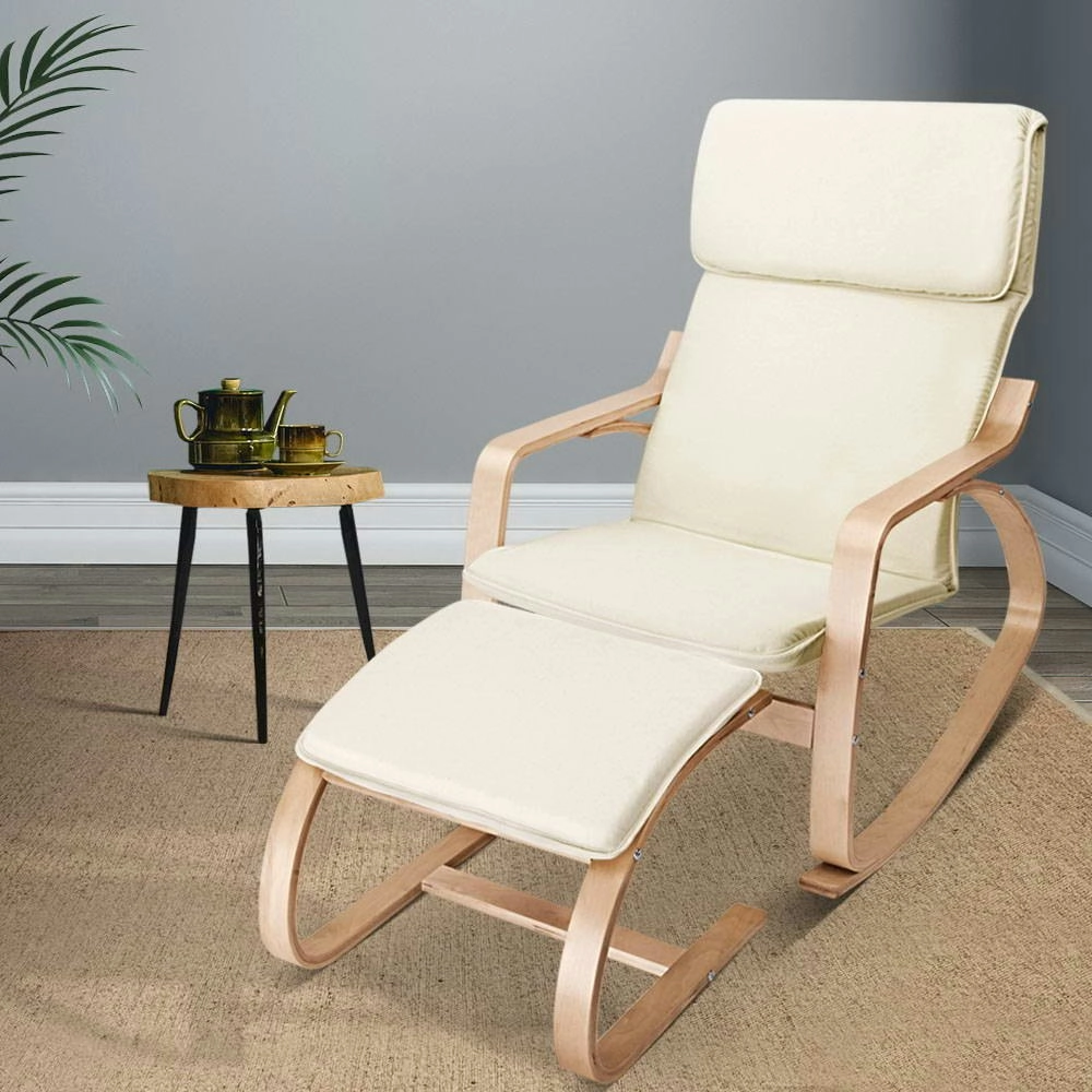 Artiss Rocking Armchair Bentwood Frame With Foot Stool Beige