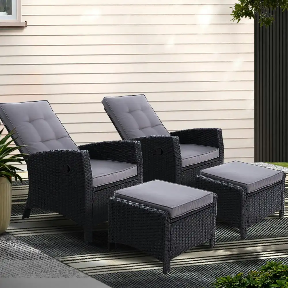 Gardeon 2PC Recliner Chairs Sun lounge Wicker Lounger Outdoor Furniture Adjustable Black