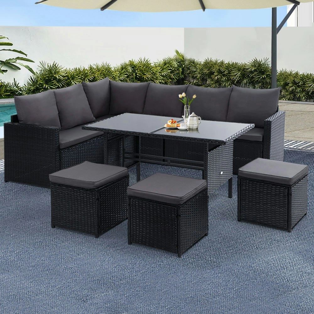 Gardeon Outdoor Dining Set Sofa Lounge Setting Chairs Table Ottoman Lawn Black