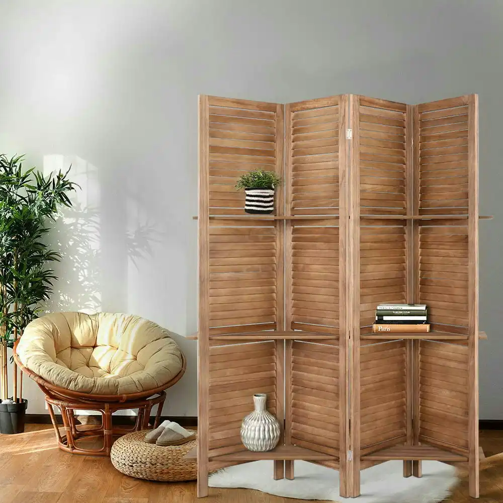 Artiss 4 Panel Room Divider Screen 163x170cm Shelf Oak